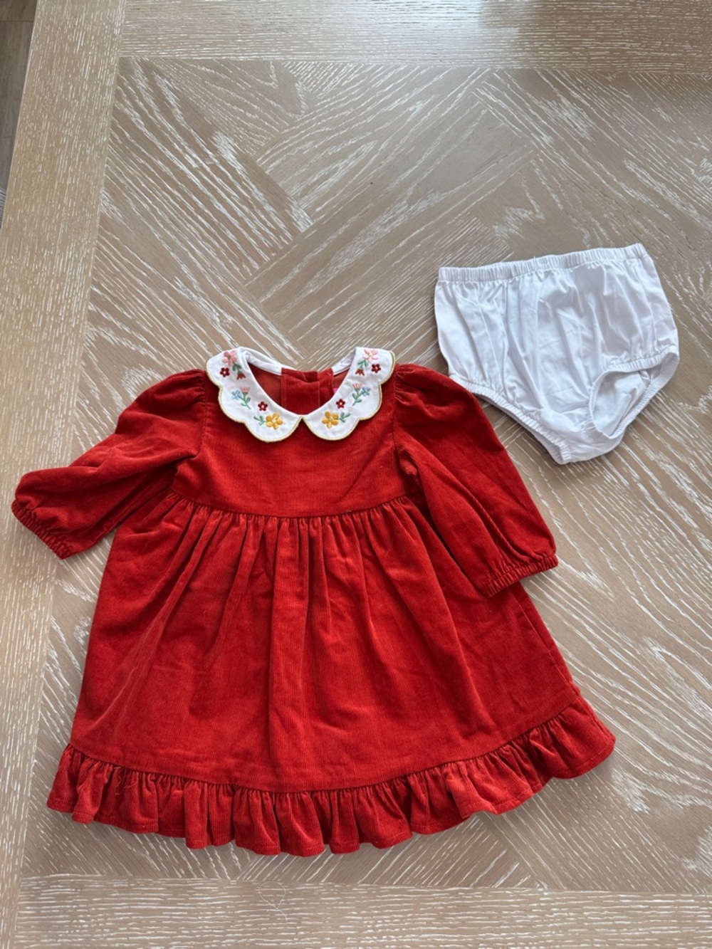 Burnt Orange Corduroy Baby Dress with Embroidered Peter Pan Collar